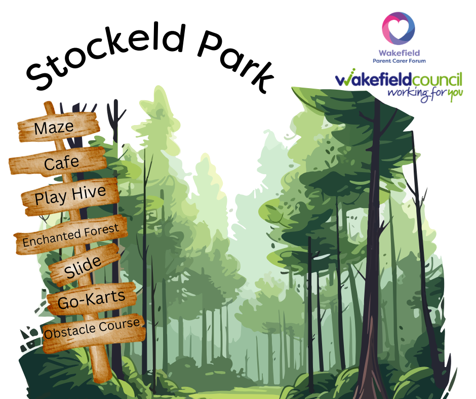 Image shows woods with sign post to activities at Stockeld Park and WPCF and Wakefield Council logo