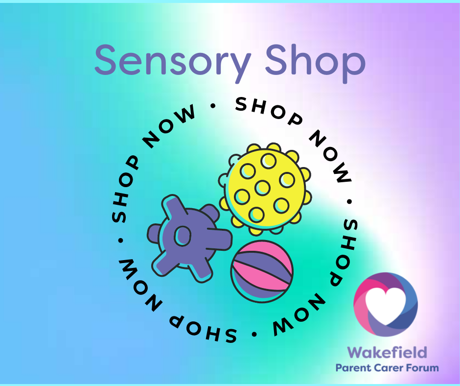 Image shows blue and purple background with image of textured sensory balls and the wording Sensory Shop Now Open