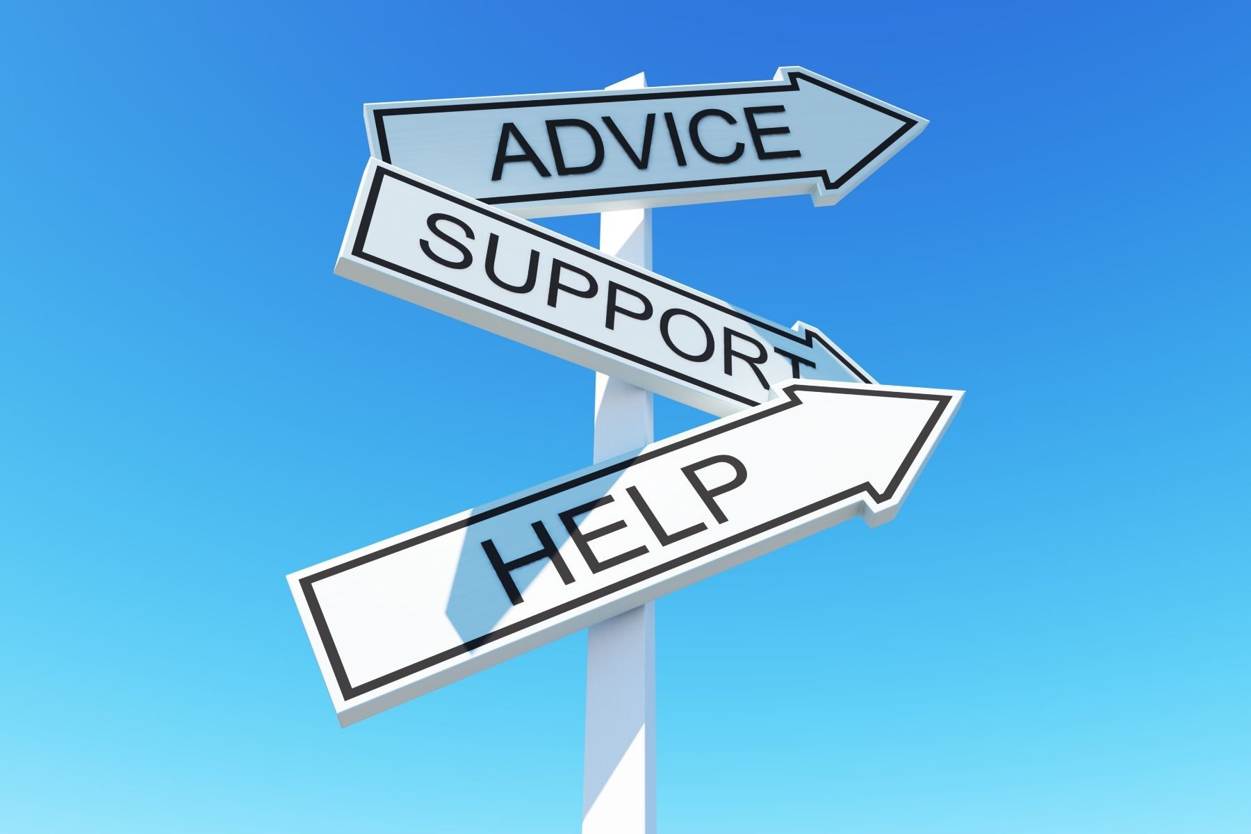 Signpost showing the words Advice Support Help