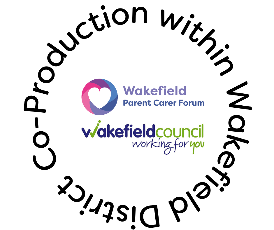 Image shows wording CoProduction within Wakefield District in a circle with WPCF and Wakefield Council logo in the middle