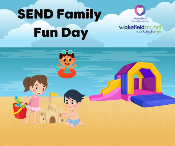 Image shows children playing at the beach and an inflatable bouncy castle with WPCF and Wakefield Council Logos
