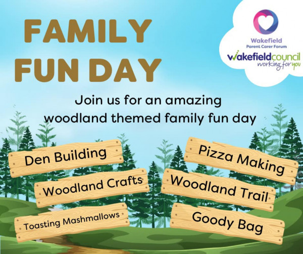 Image shows woodland trees with wording Family Fun Day