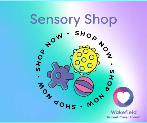 Image shows blue and purple background with image of textured sensory balls and the wording Sensory Shop Now Open